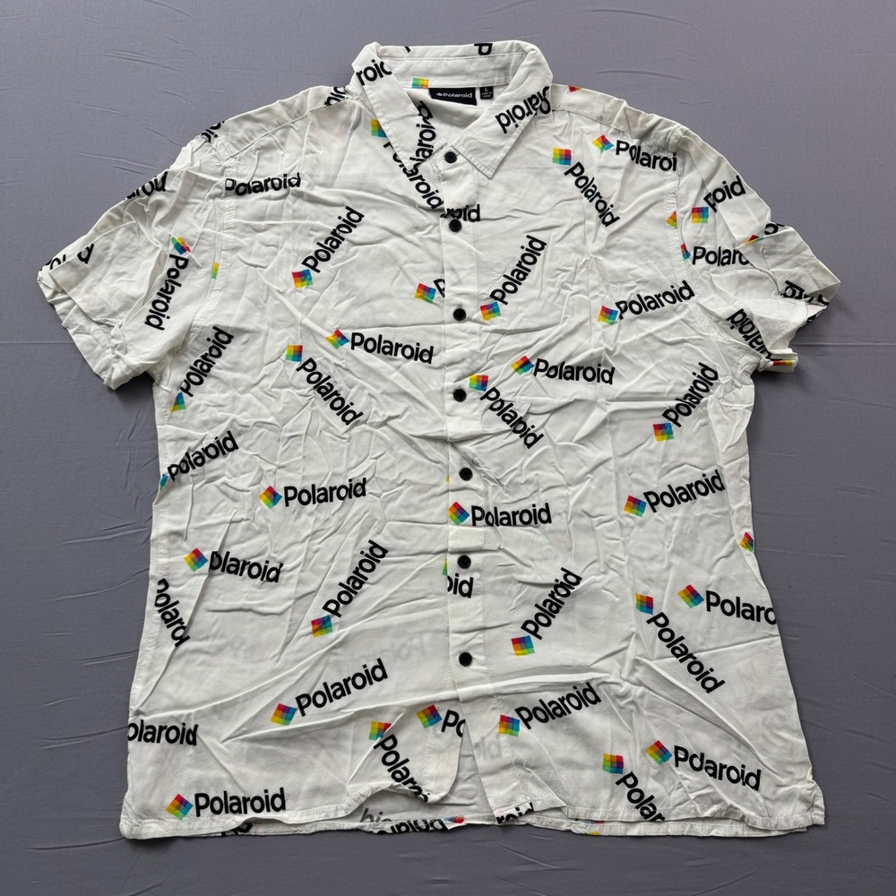 Polaroid Mens White All Over Logo Print Short Sleeve Button Down Shirt‎ Large